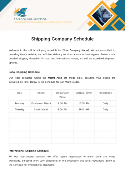 Free Shipping Company Schedule Template to Edit Online