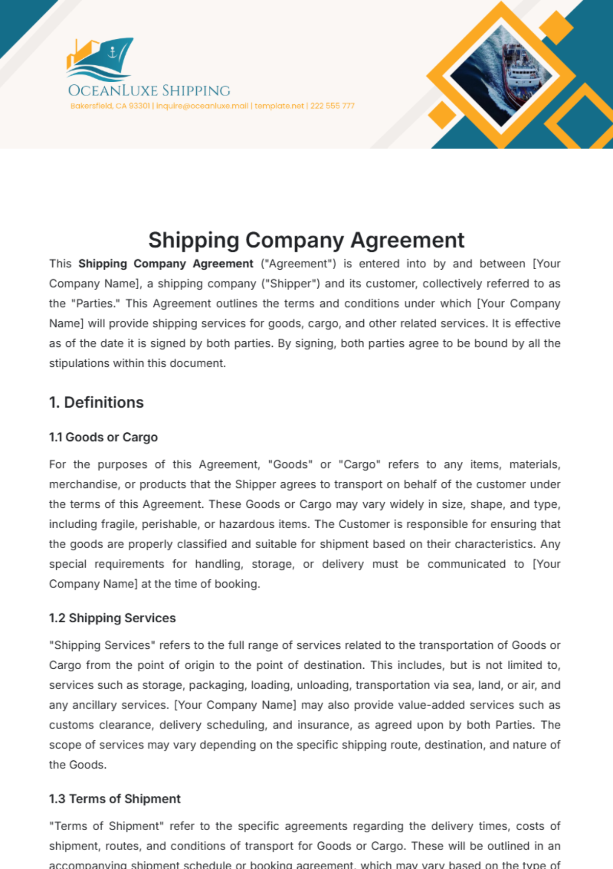 Shipping Company Agreement Template - Edit Online & Download