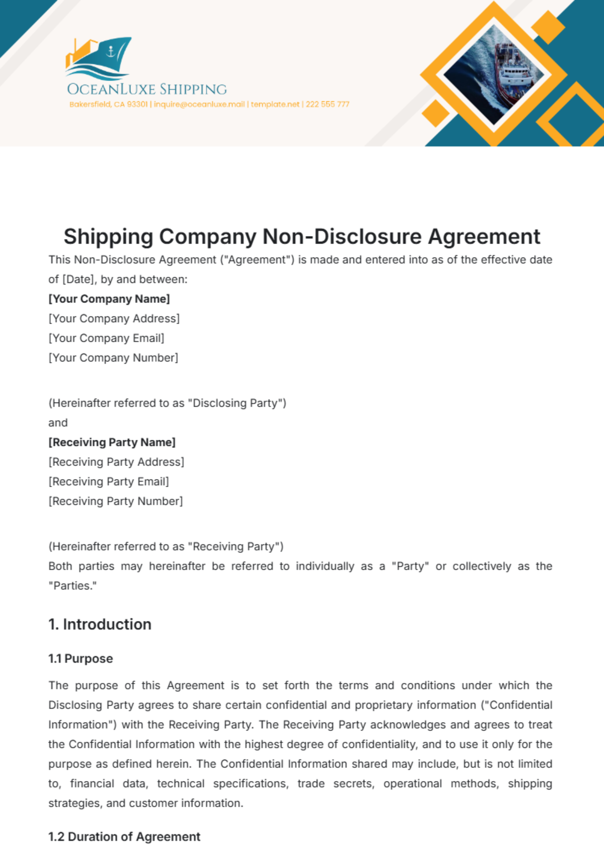 Shipping Company Non-Disclosure Agreement Template - Edit Online & Download