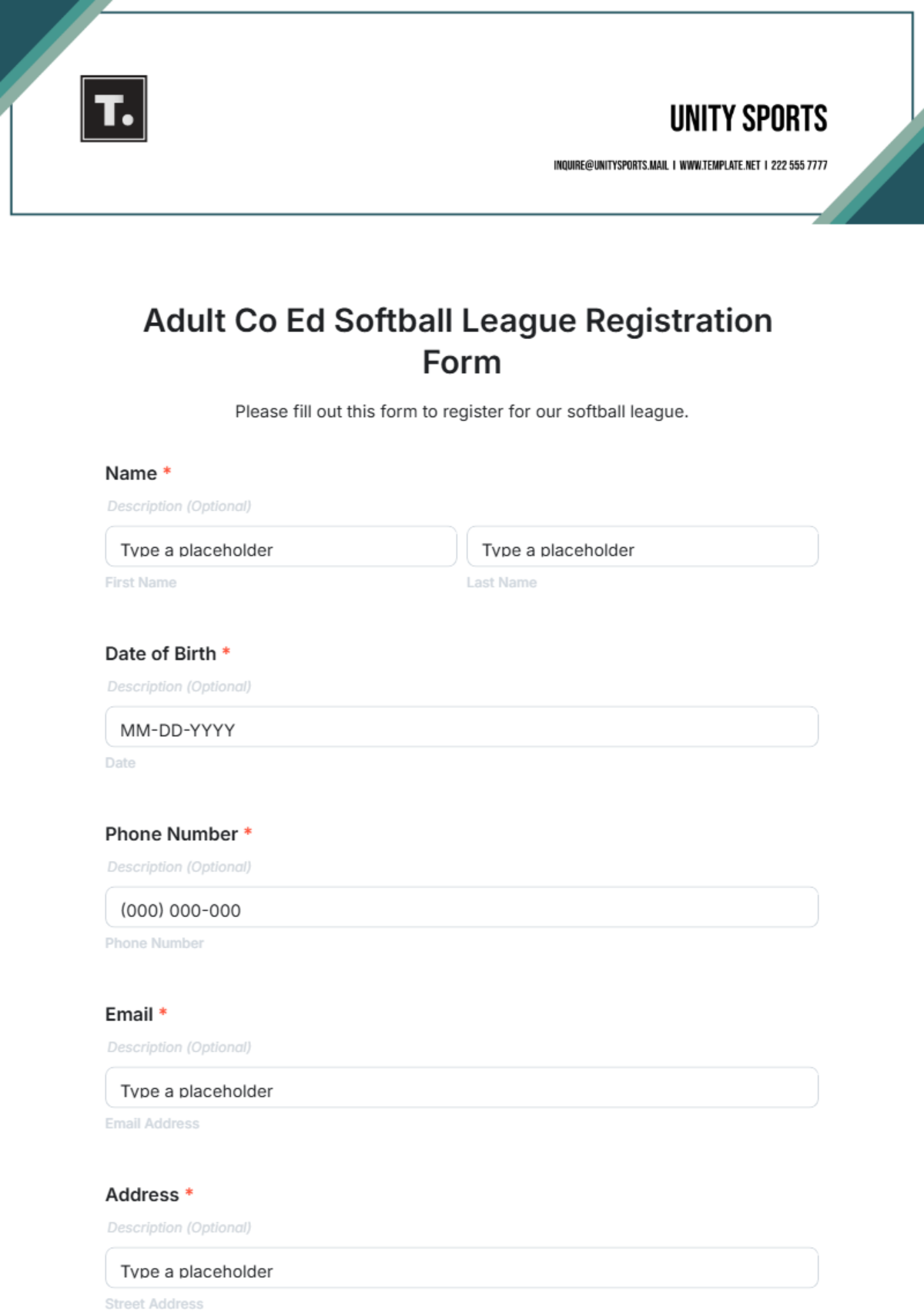 Adult Co Ed Softball League Registration Form Template - Edit Online & Download