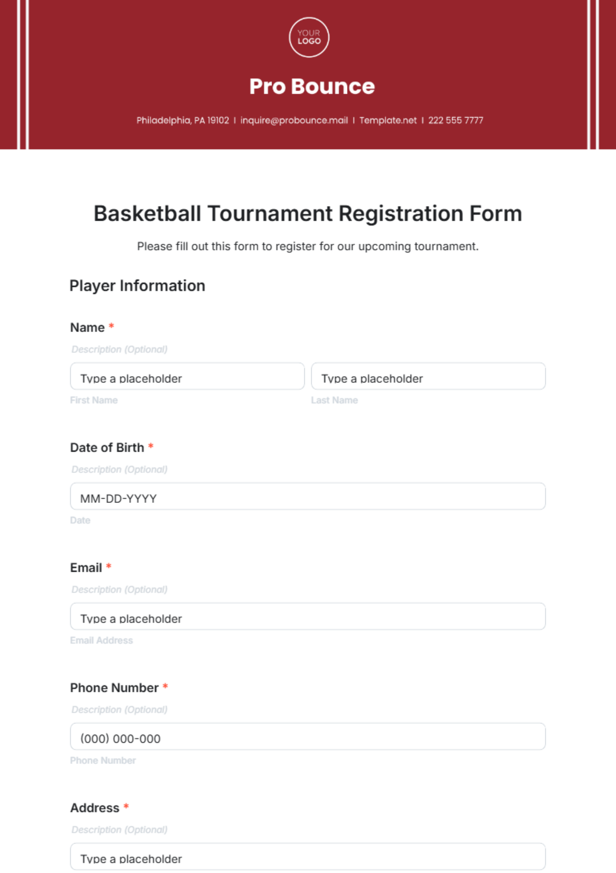 Basketball Tournament Registration Form Template - Edit Online & Download