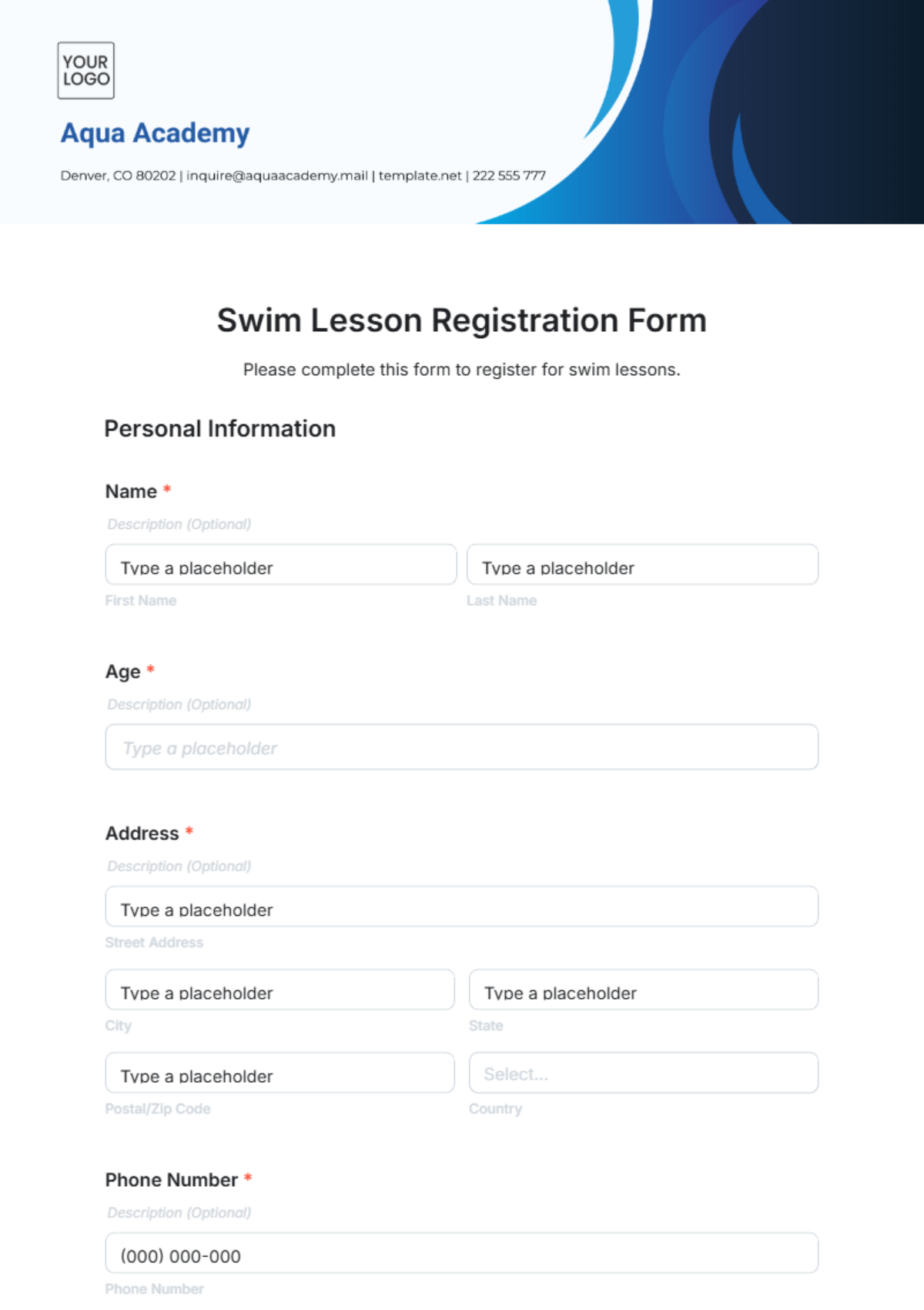 Swim Lesson Registration Form Template - Edit Online & Download