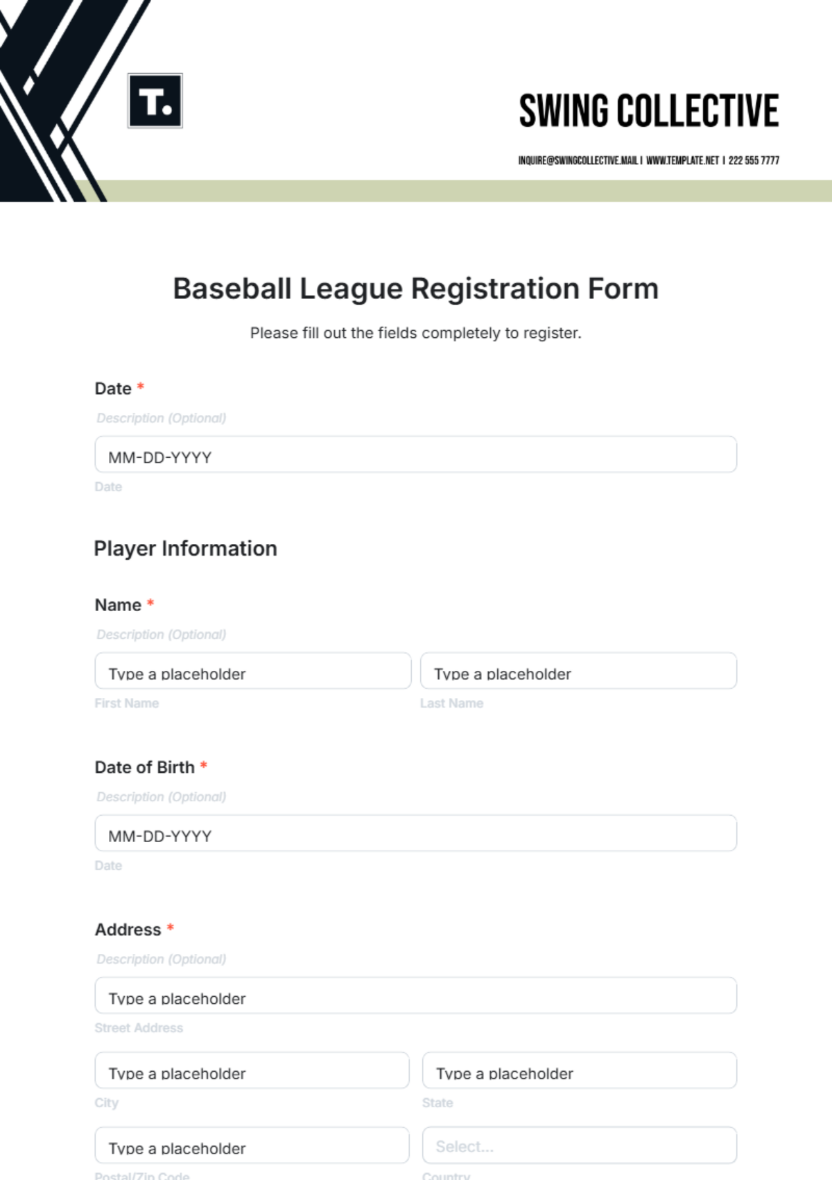 Baseball League Registration Form Template - Edit Online & Download