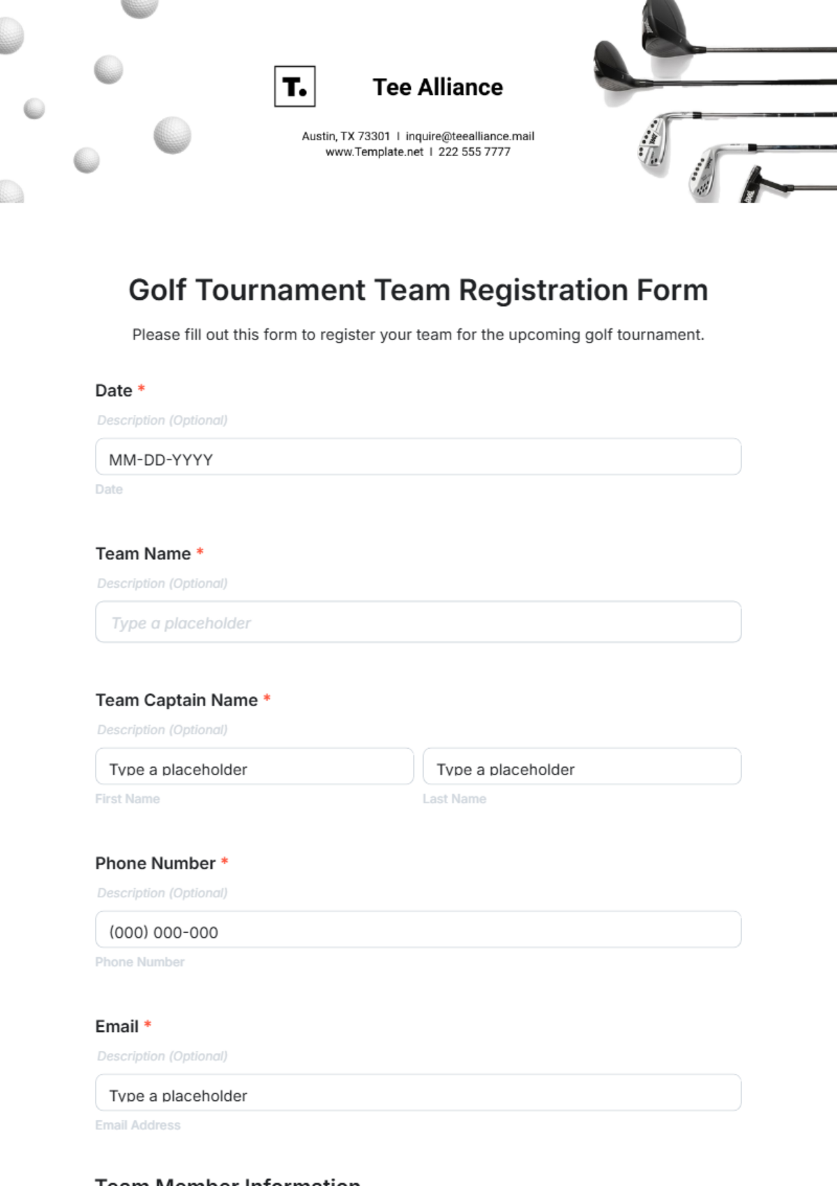 Golf Tournament Team Registration Form Template - Edit Online & Download