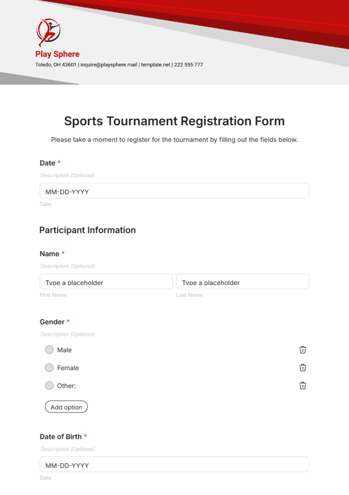 Sports Tournament Registration Form Template - Edit Online & Download