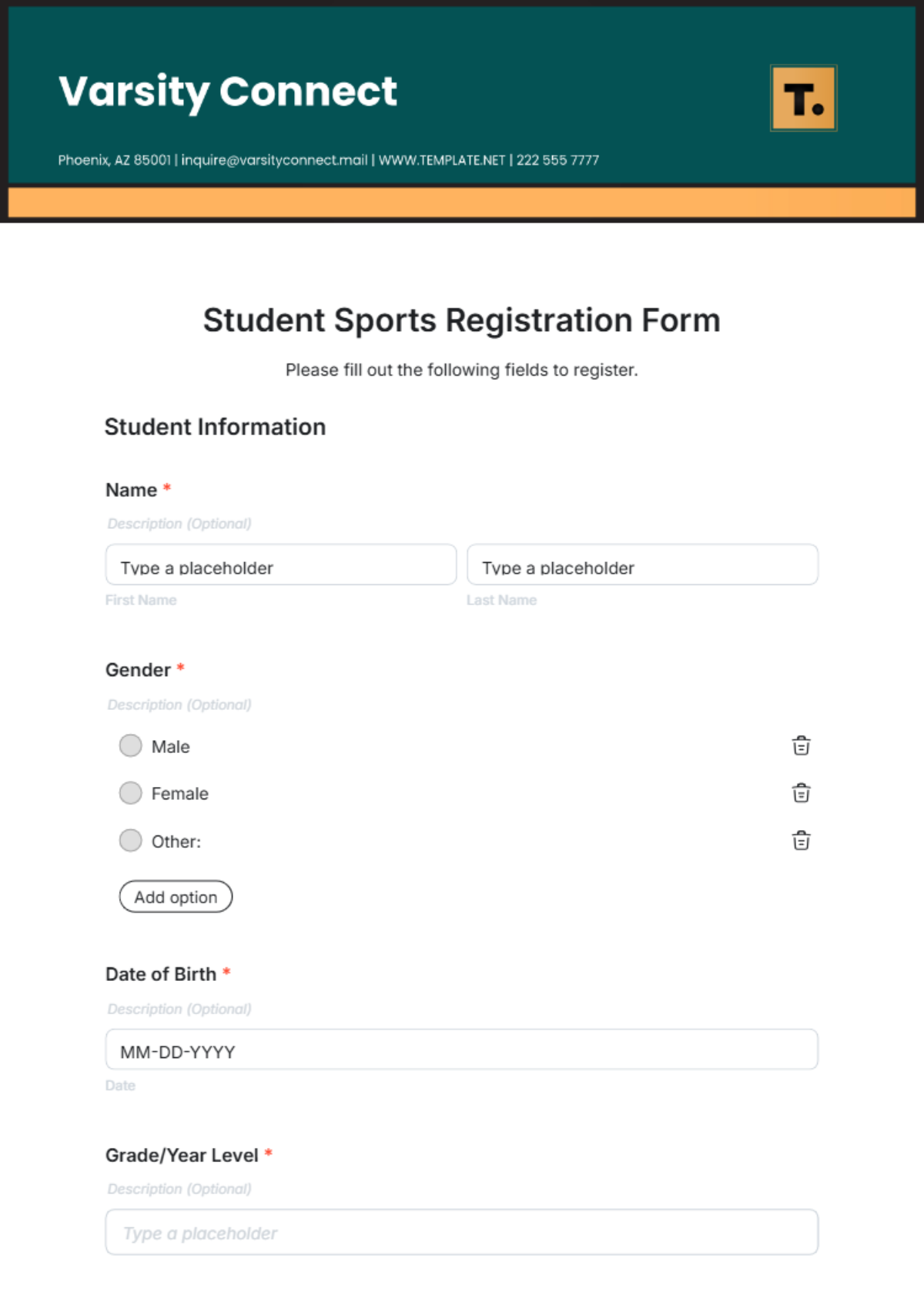 Student Sports Registration Form Template - Edit Online & Download