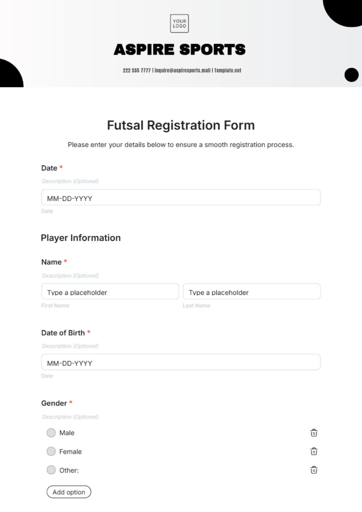 Futsal Registration Form Template - Edit Online & Download