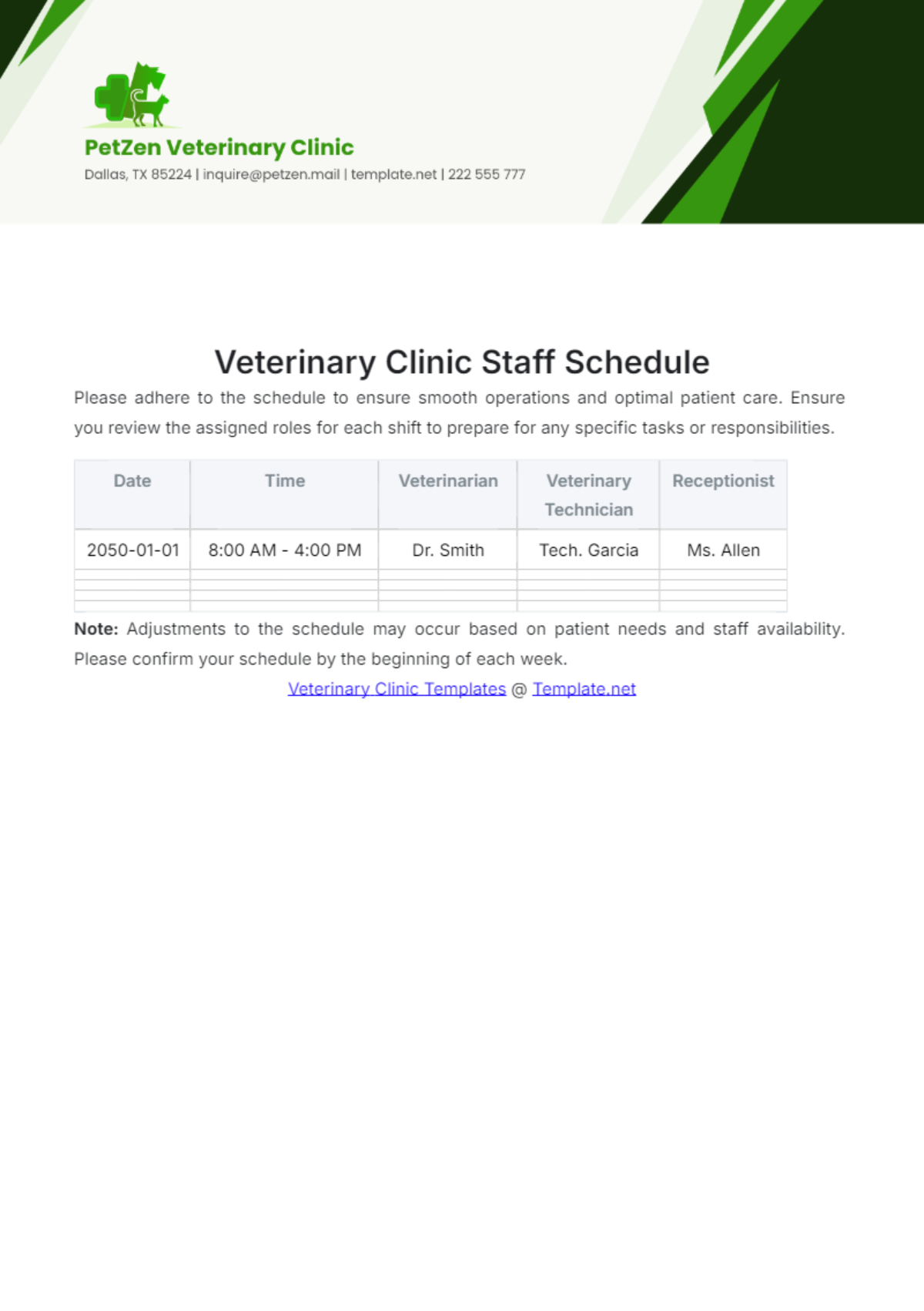 Veterinary Clinic Staff Schedule Template - Edit Online & Download