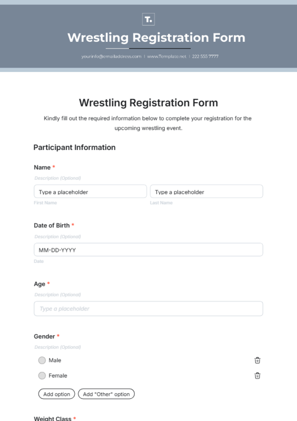 Wrestling Registration Form Template - Edit Online & Download