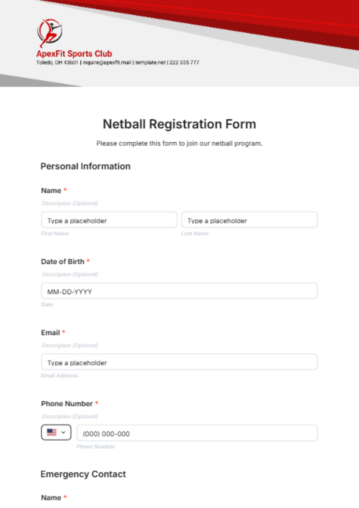 Netball Registration Form Template - Edit Online & Download