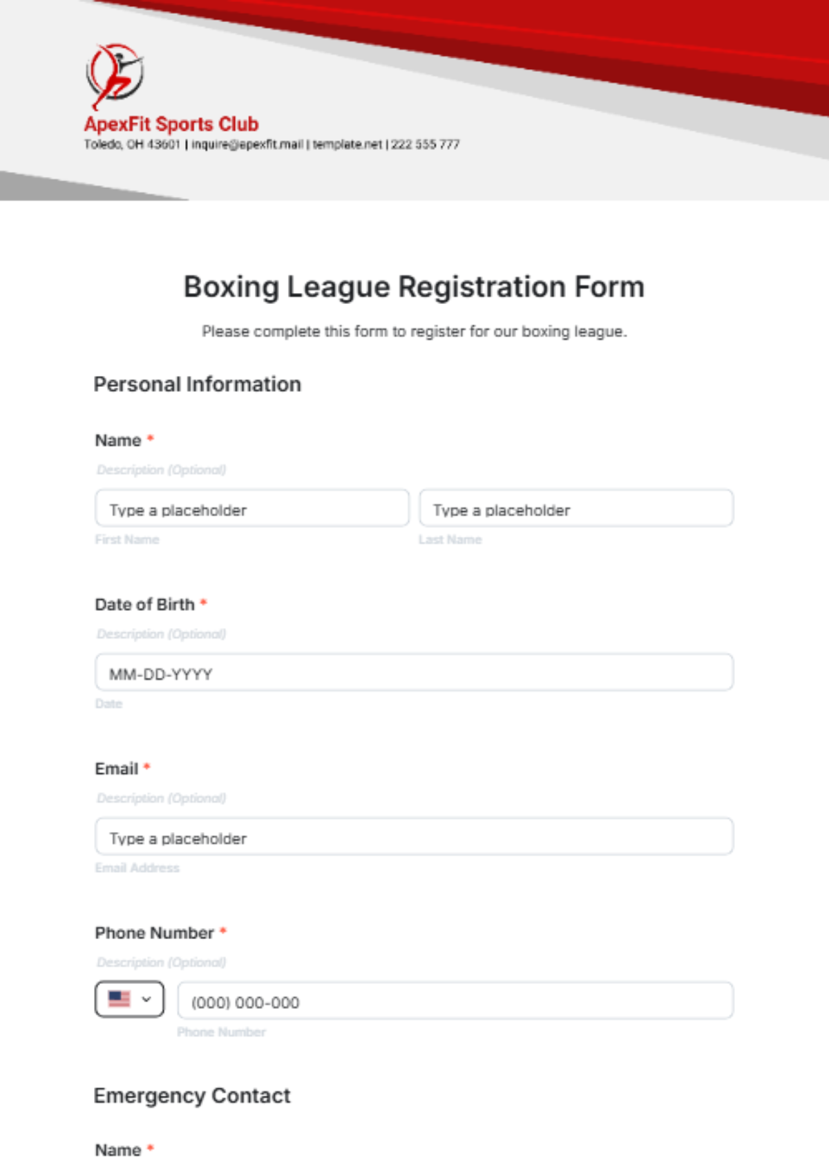 Boxing League Registration Form Template - Edit Online & Download