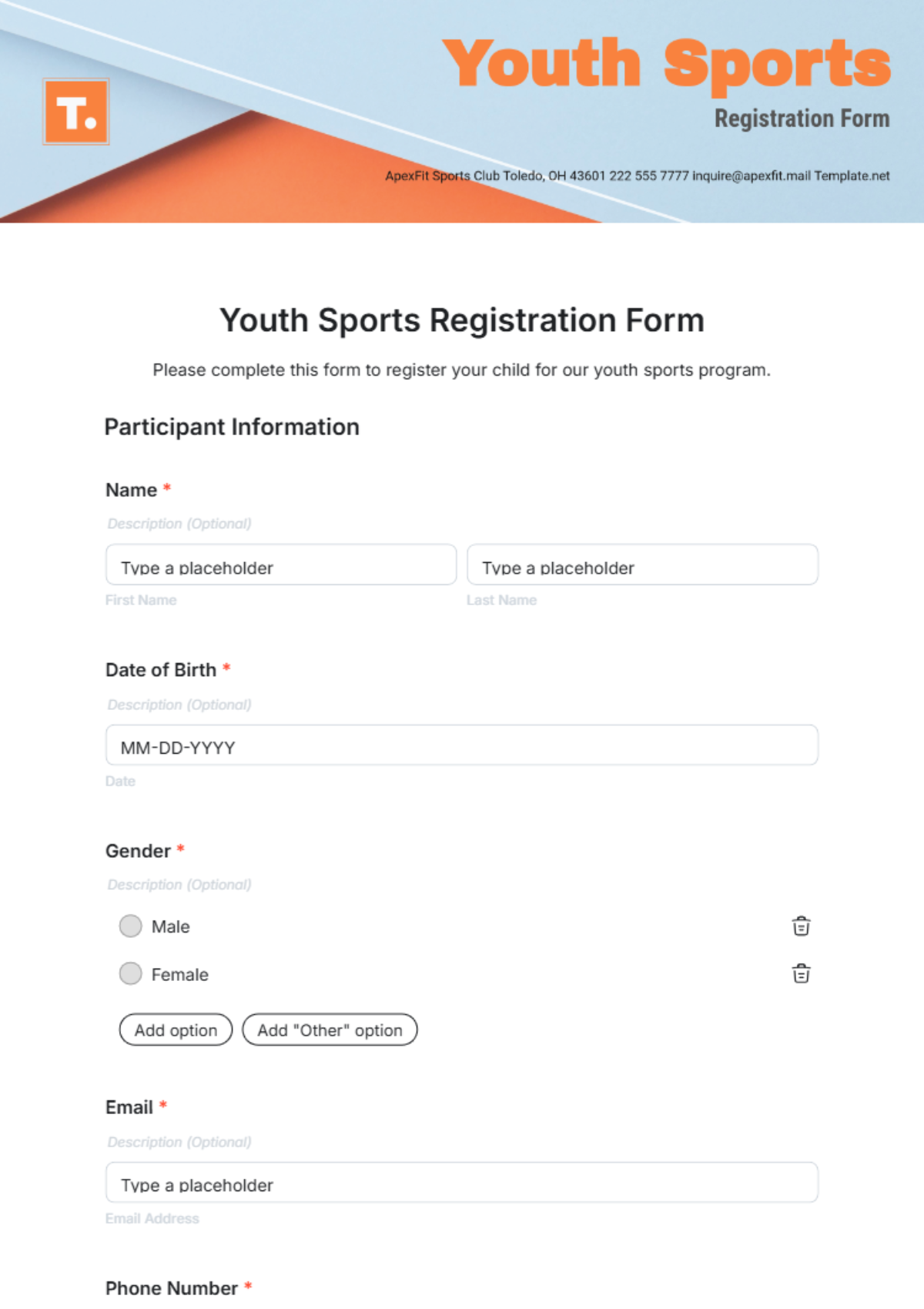 Youth Sports Registration Form Template - Edit Online & Download