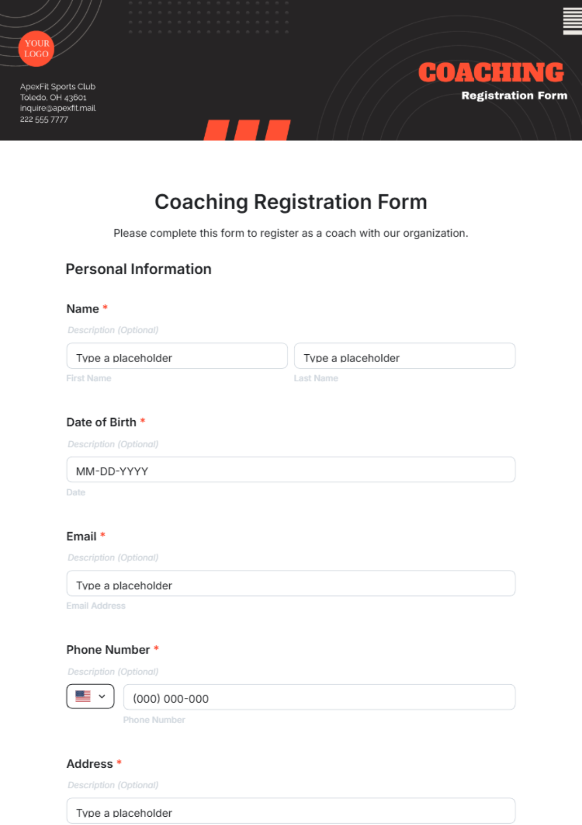 Coaching Registration Form Template - Edit Online & Download