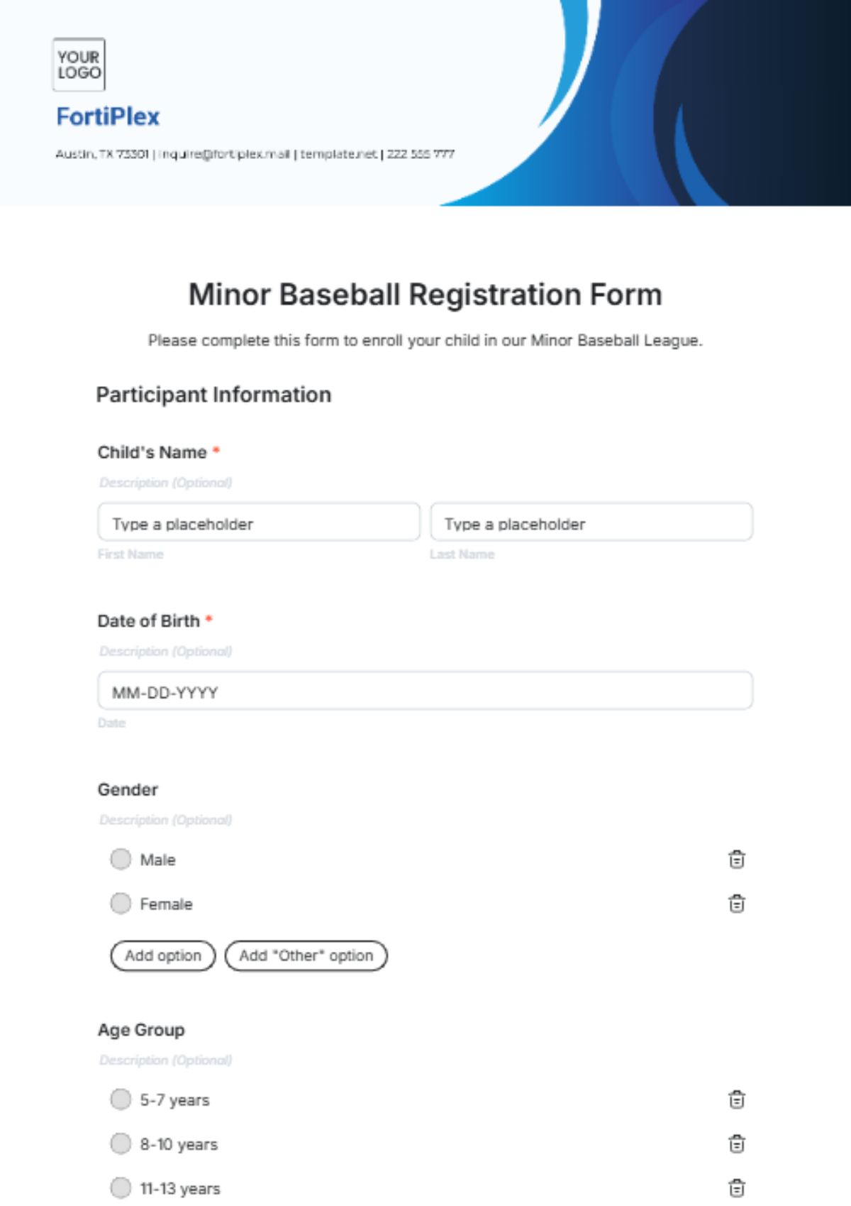 Minor Baseball Registration Form Template - Edit Online & Download