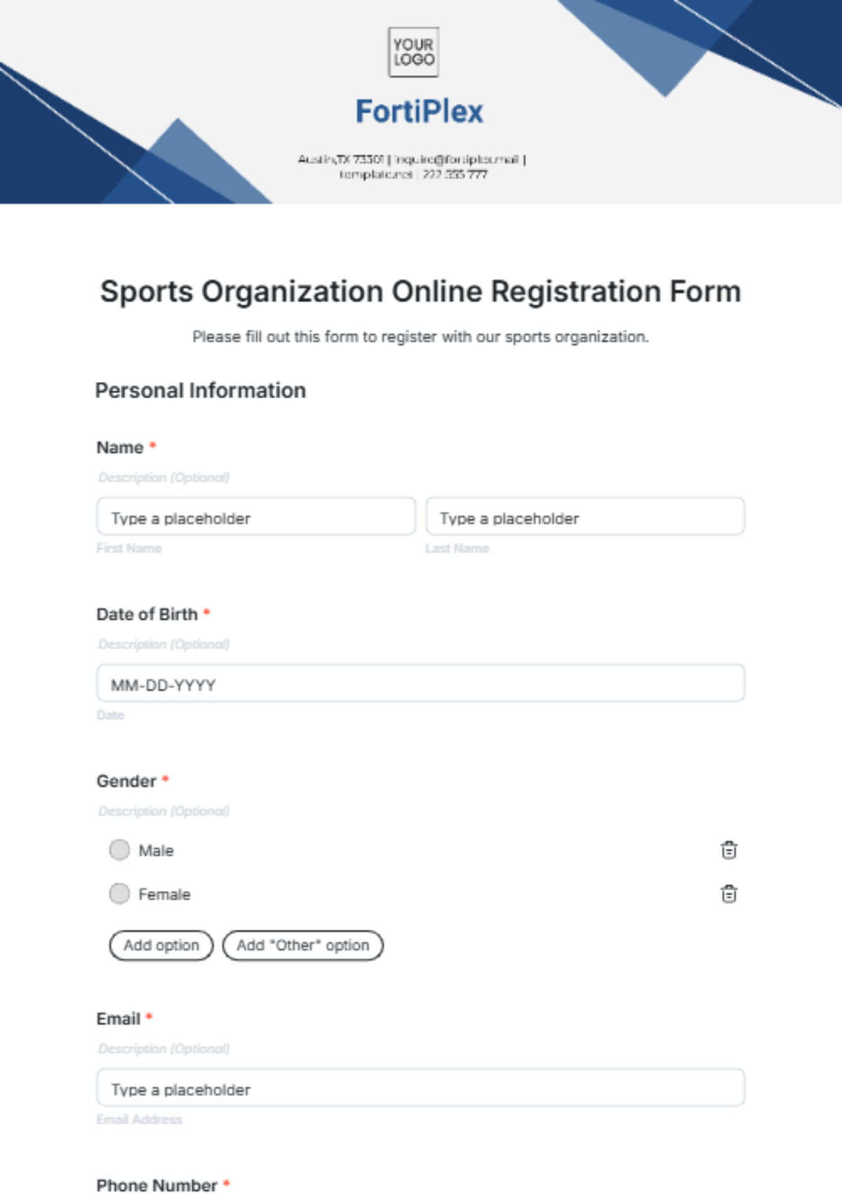 Sports Organization Online Registration Form Template - Edit Online & Download