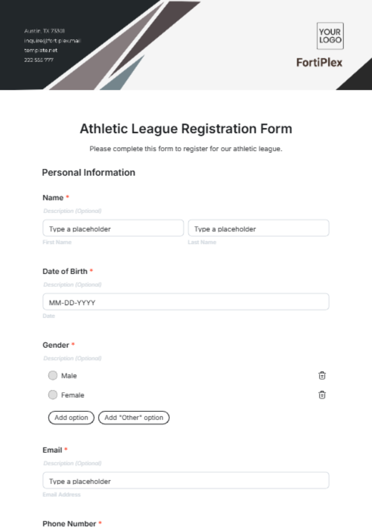 Athletic League Registration Form Template - Edit Online & Download