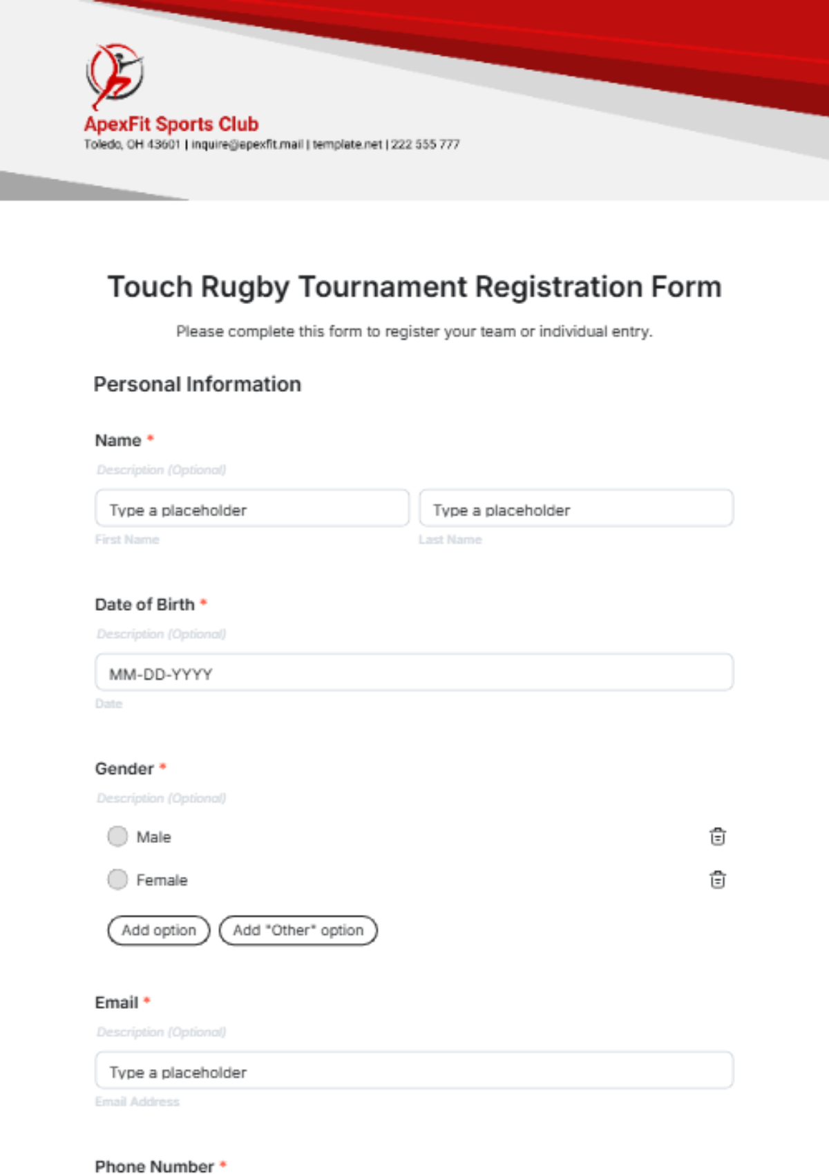 Touch Rugby Tournament Registration Form Template - Edit Online & Download