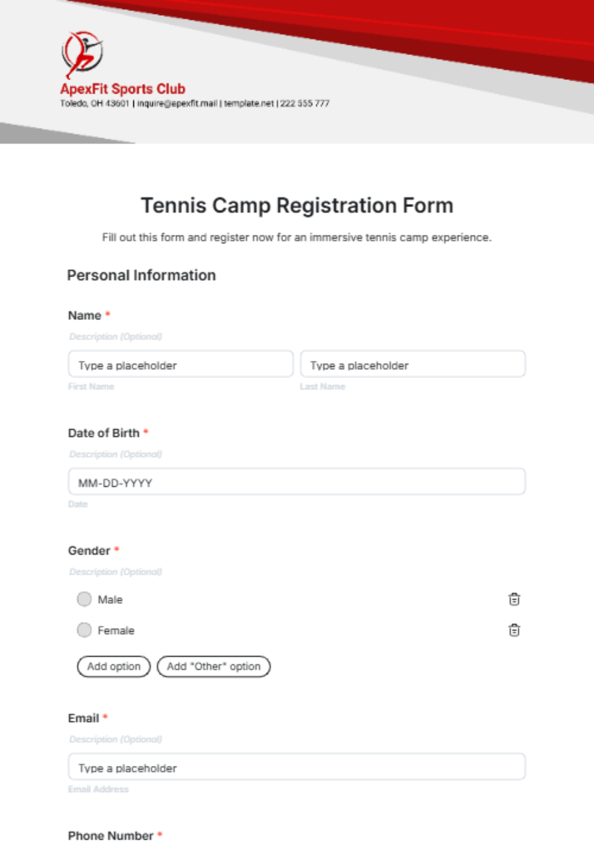 Tennis Camp Registration Form Template - Edit Online & Download