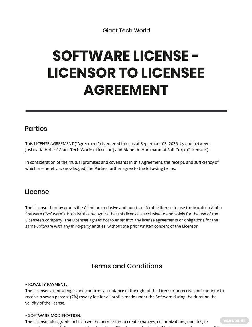 Software License - Licensor to Licensee Agreement Template