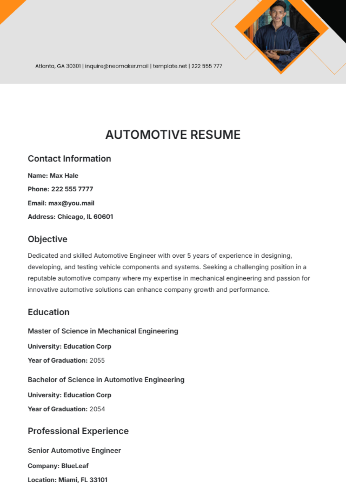 Automotive Resume Template - Edit Online & Download