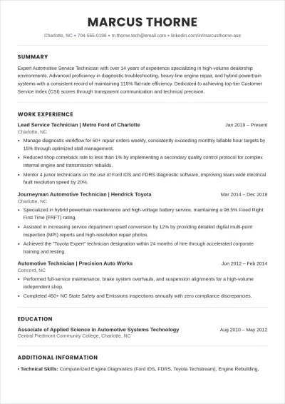 Free Automotive ATS Resume Template, AI Resume Builder
