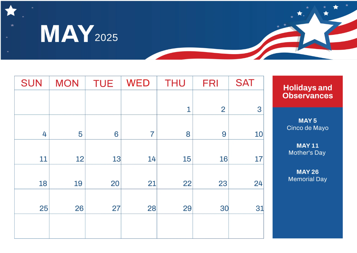 Free 2025 US Calendar with Holidays Template to Edit Online