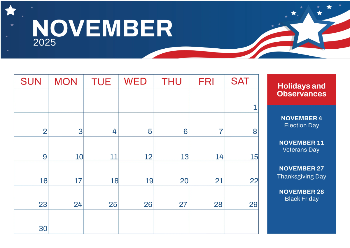 Free 2025 US Calendar with Holidays Template to Edit Online