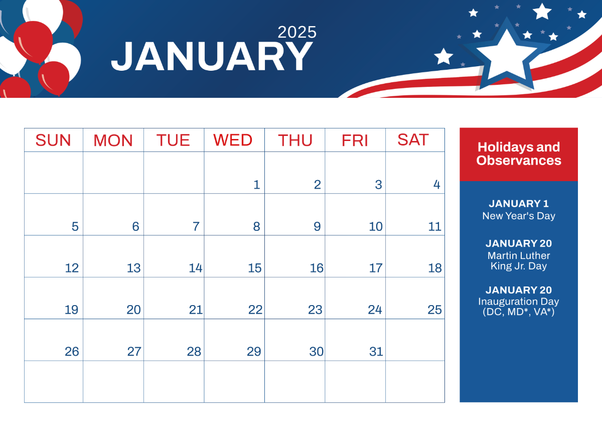 Free 2025 US Calendar with Holidays Template