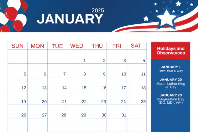 Free 2025 US Calendar with Holidays Template to Edit Online