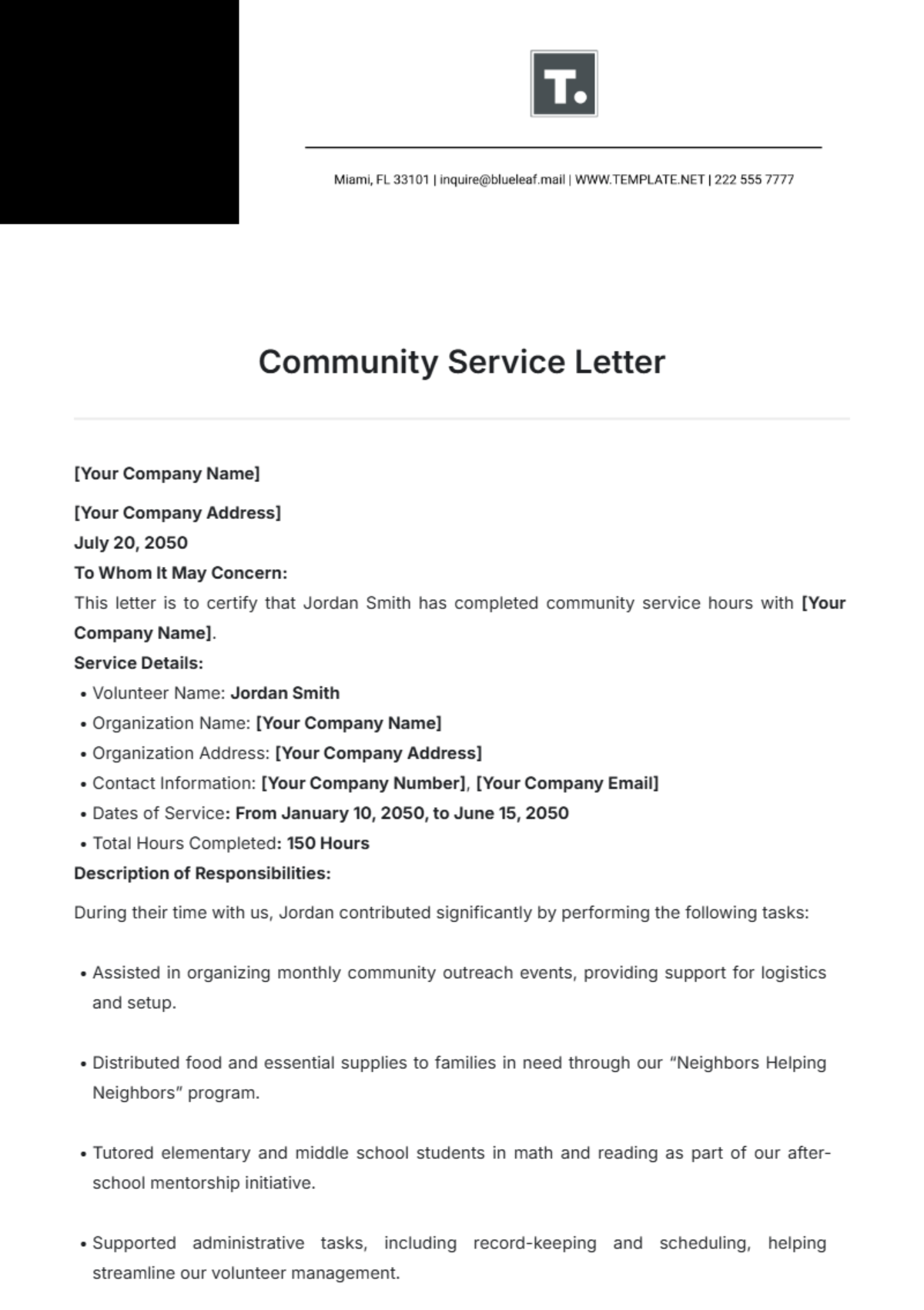 Community Service Letter Template