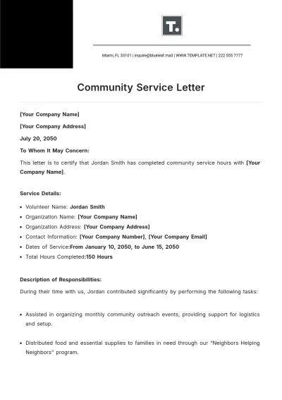 Free Community Service Letter Template to Edit Online