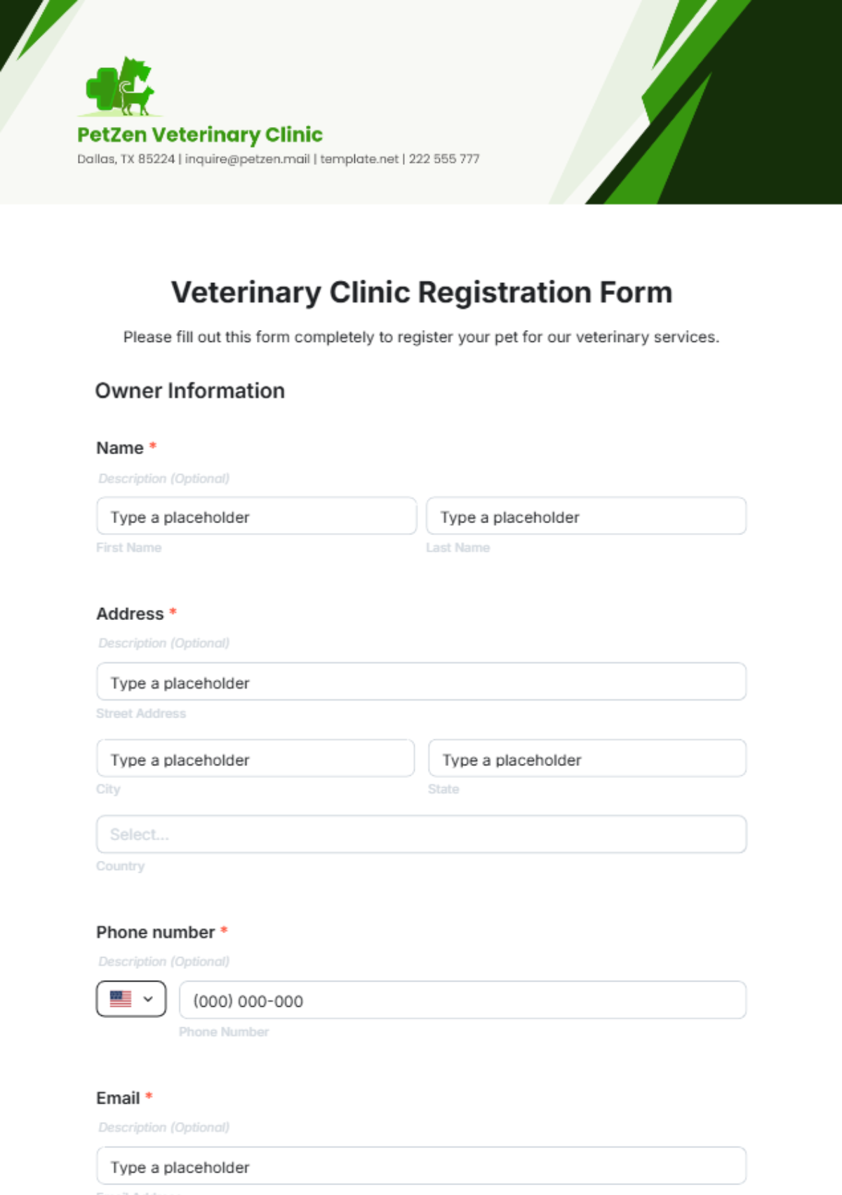 Veterinary Clinic Registration Form Template - Edit Online & Download