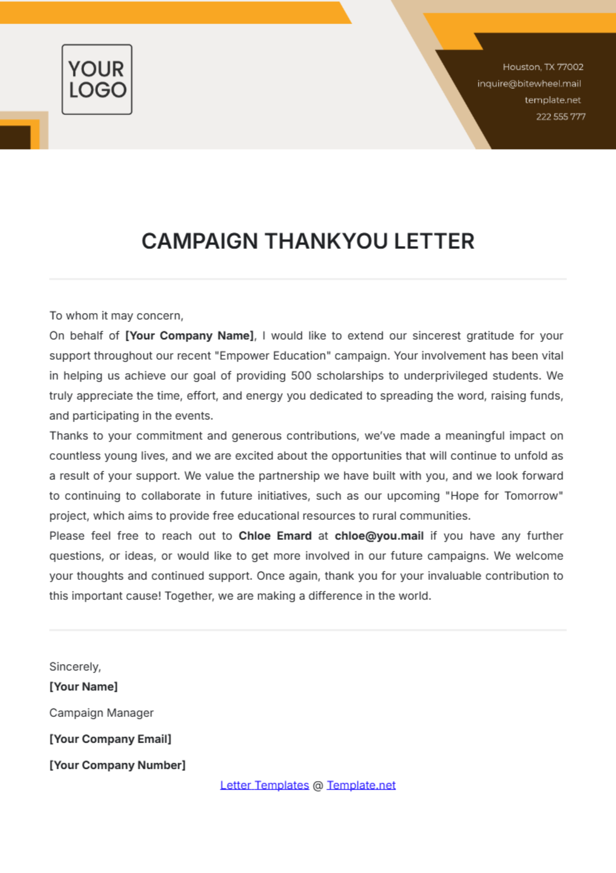 Campaign Thank You Letter Template