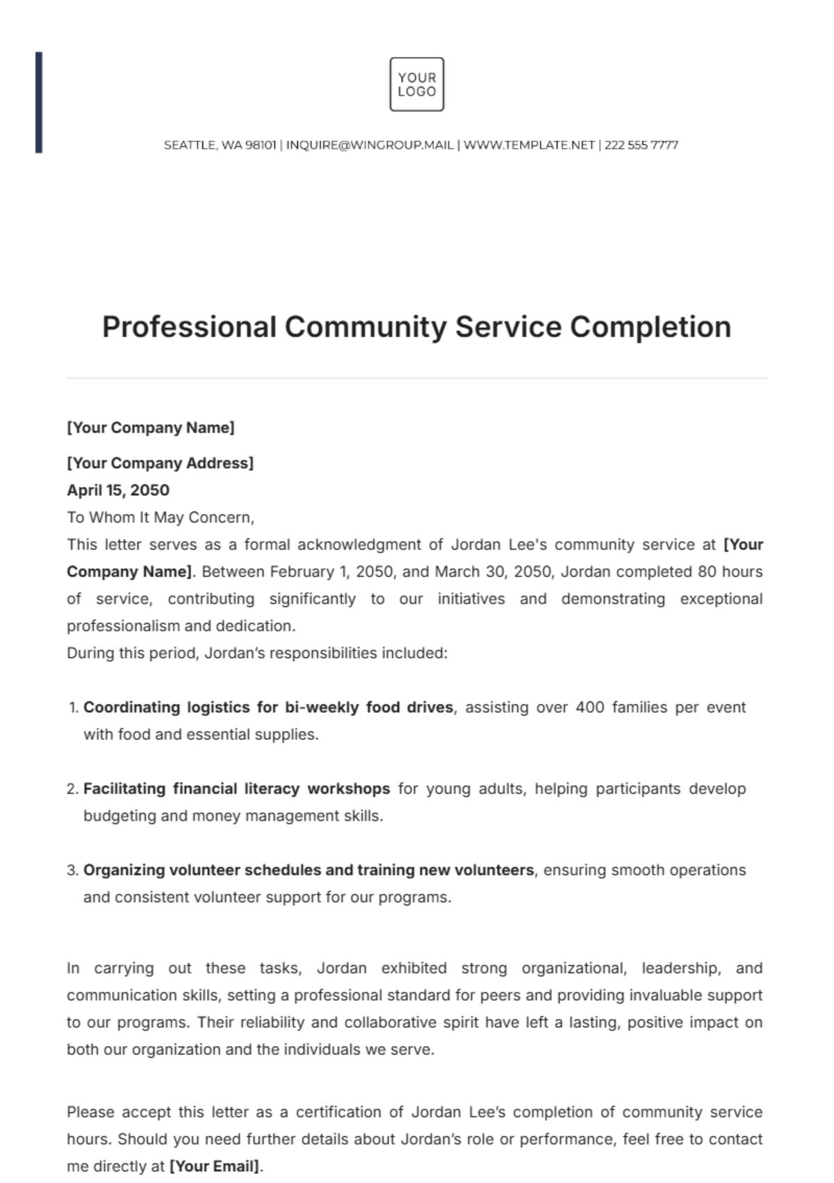 Professional Community Service Completion Letter Template