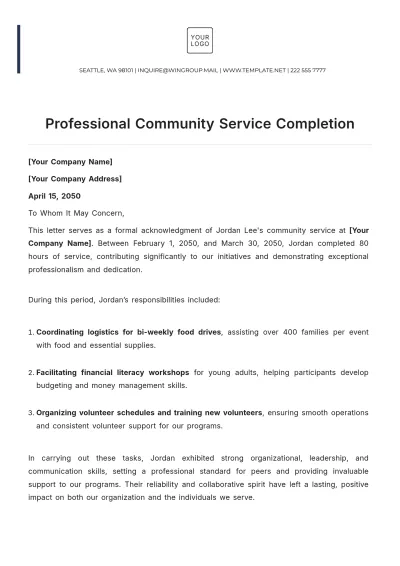 Free Professional Community Service Completion Letter Template to Edit Online