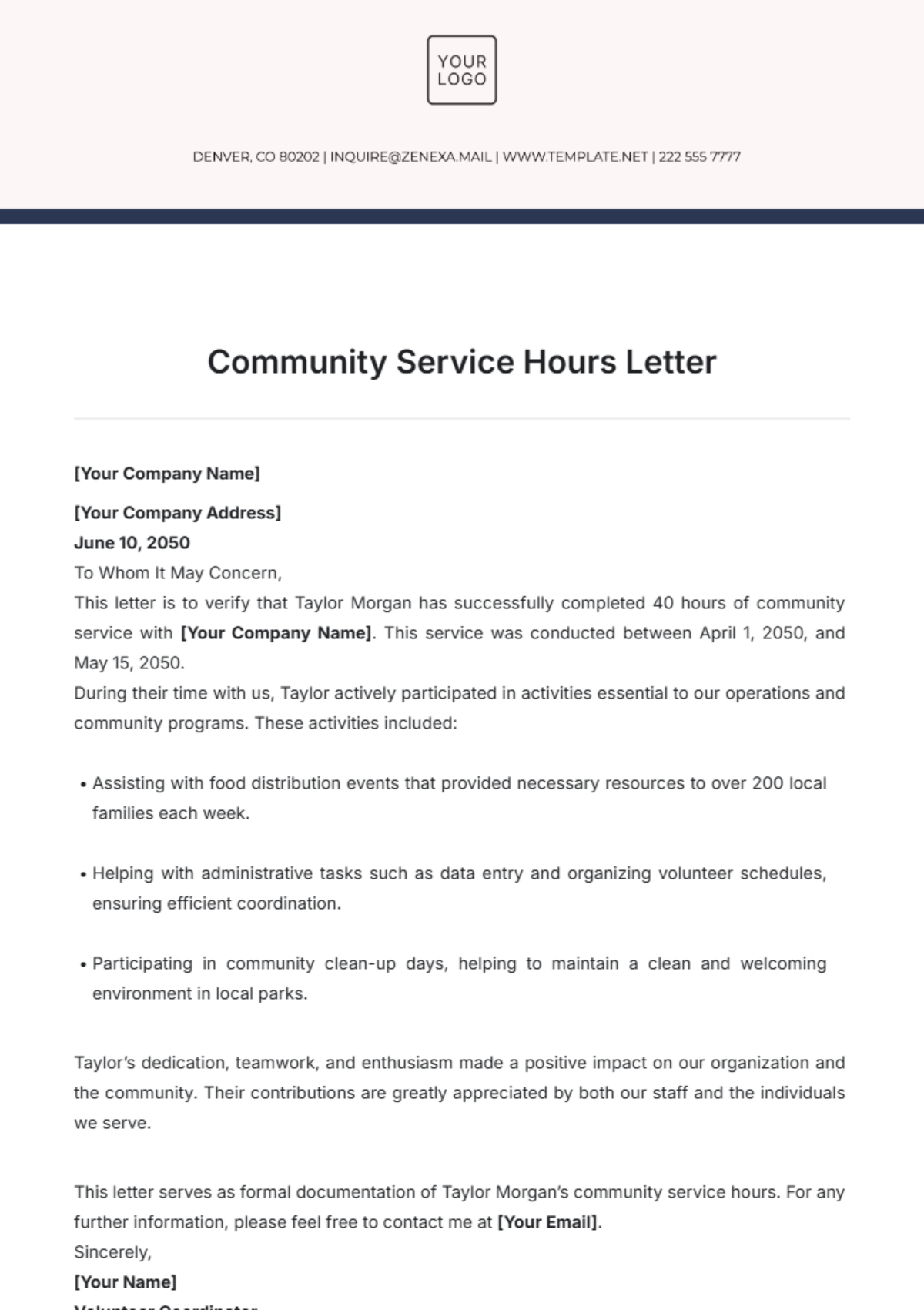 Community Service Hours Letter Template