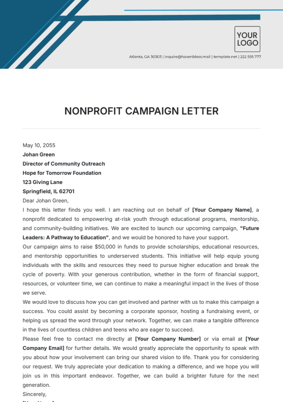 Nonprofit Campaign Letter Template - Edit Online & Download