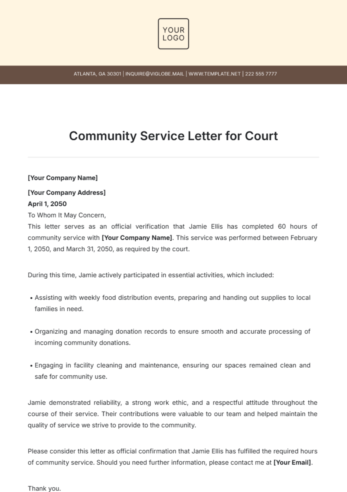 Community Service Letter for Court Template