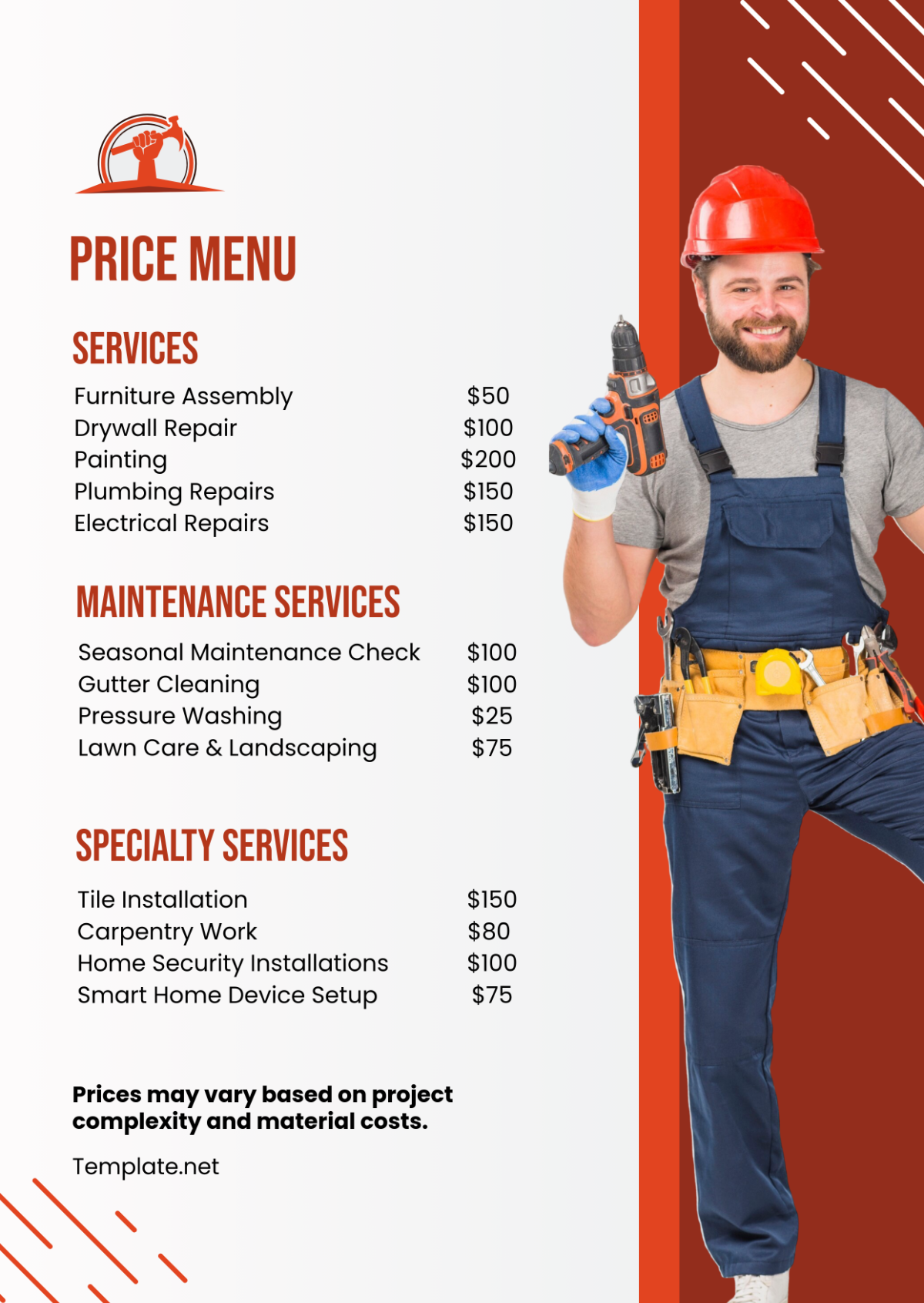 Handyman Service Price Menu Template - Edit Online & Download