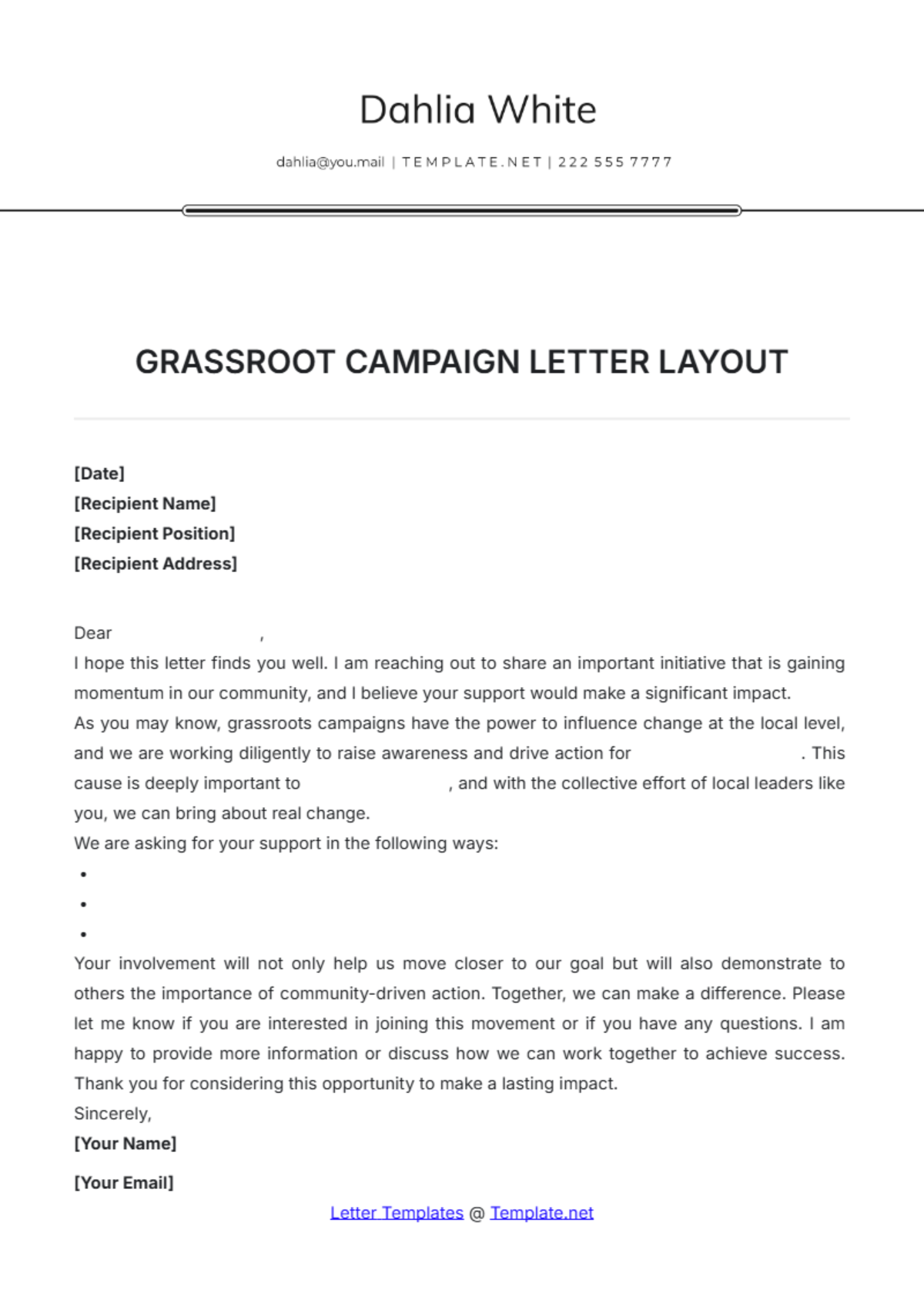 Grassroots Campaign Letter Layout Template - Edit Online & Download