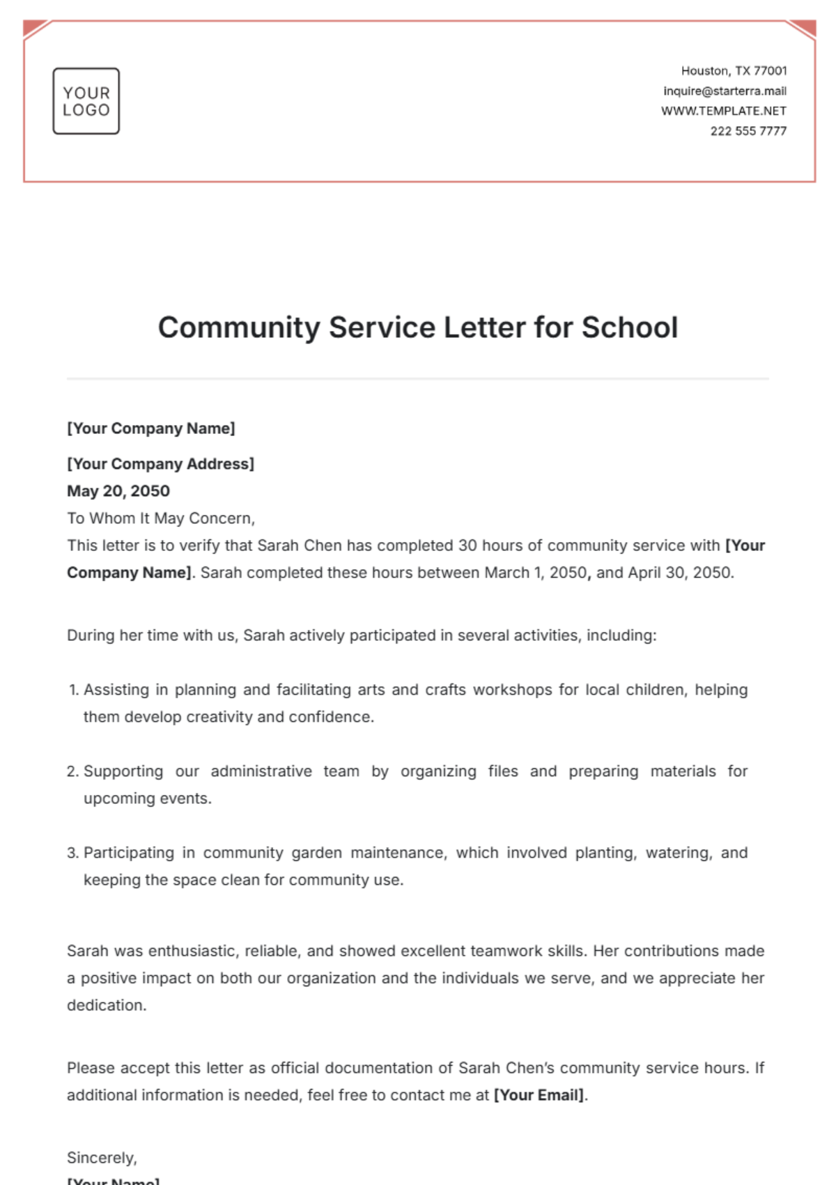 Community Service Letter for School Template