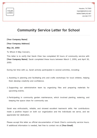 Free Community Service Letter for School Template to Edit Online