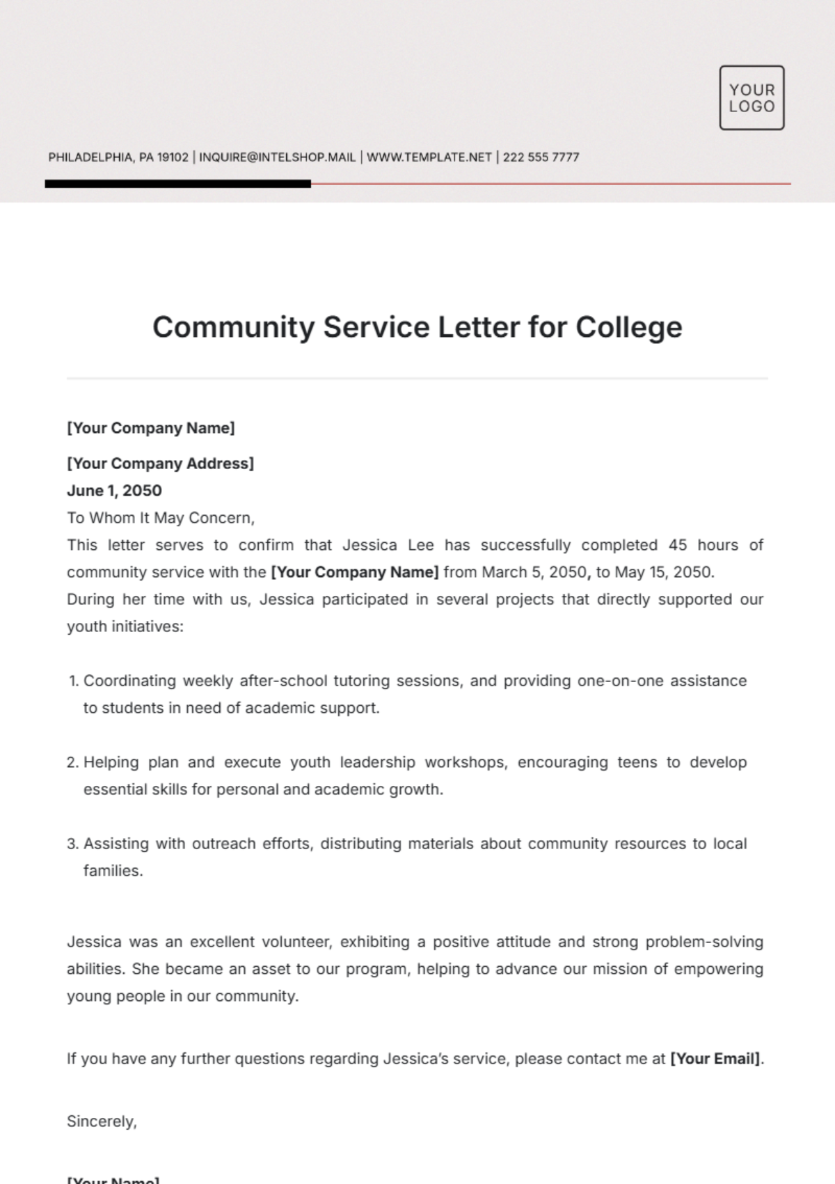 Community Service Letter for College Template