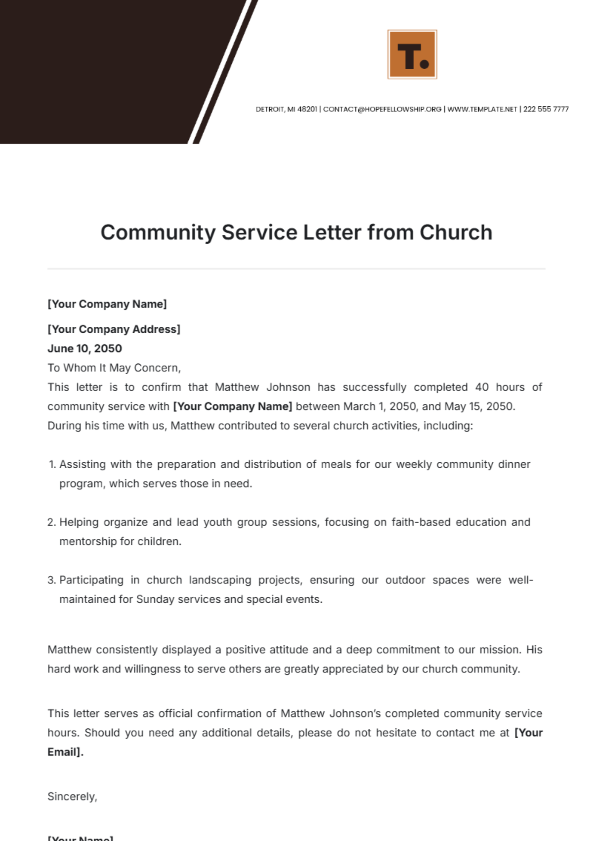 Community Service Letter from Church Template