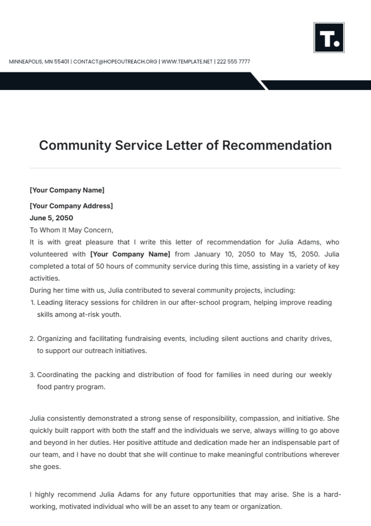 Community Service Letter of Recommendation Template