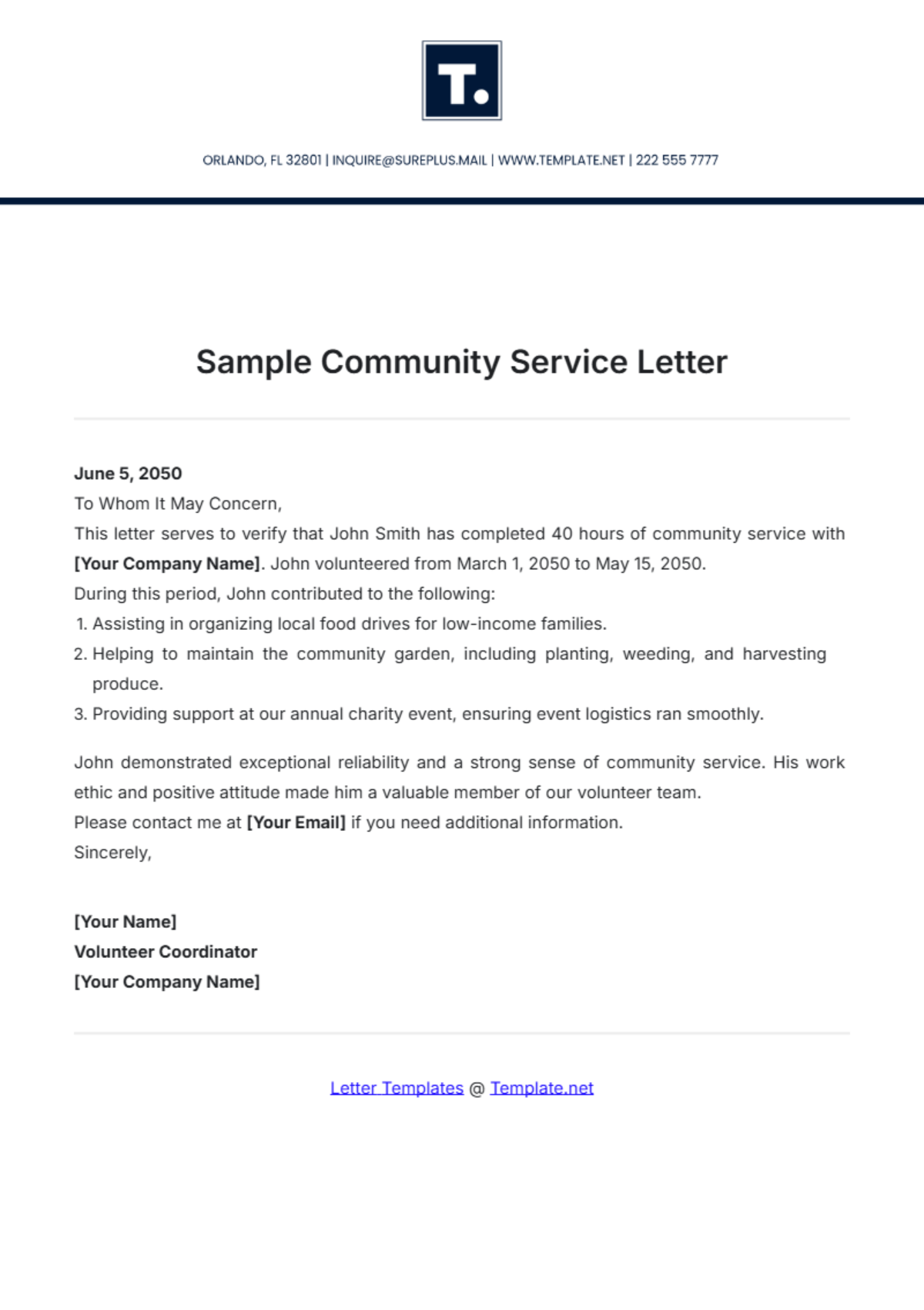 Sample Community Service Letter Template - Edit Online & Download