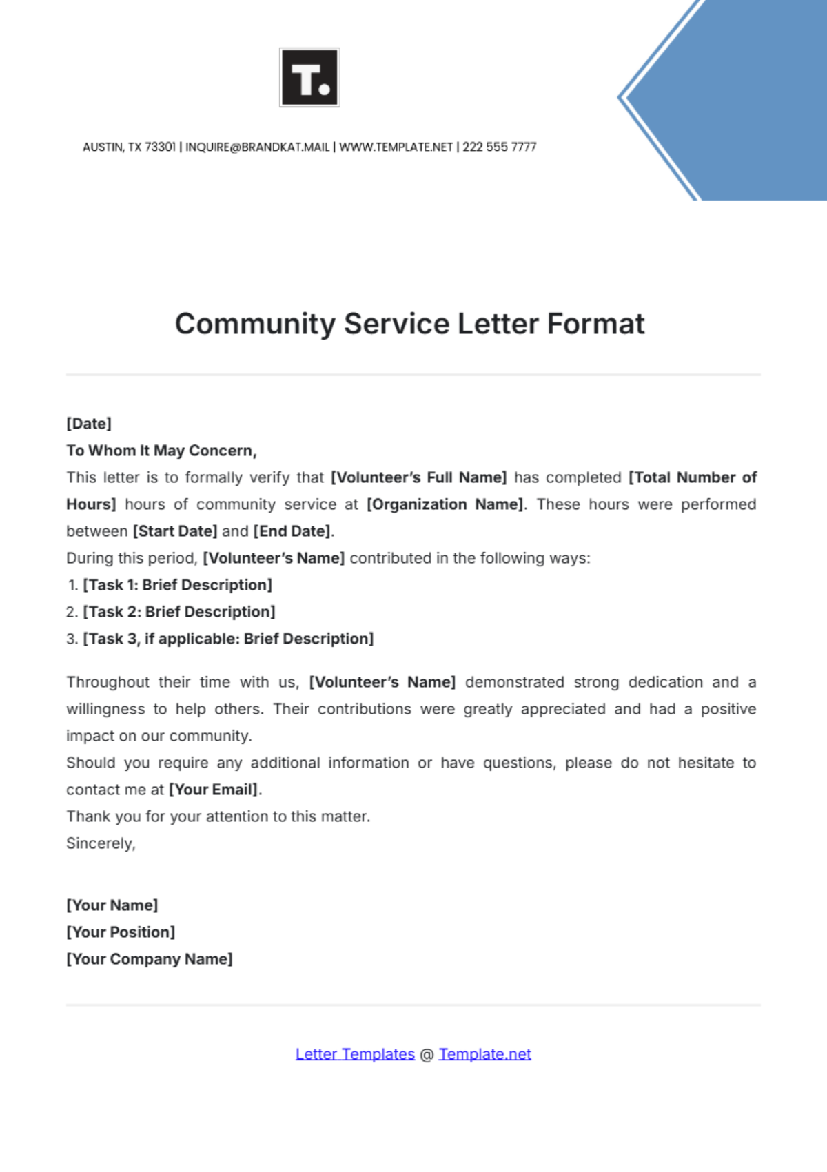 Community Service Letter Format Template - Edit Online & Download