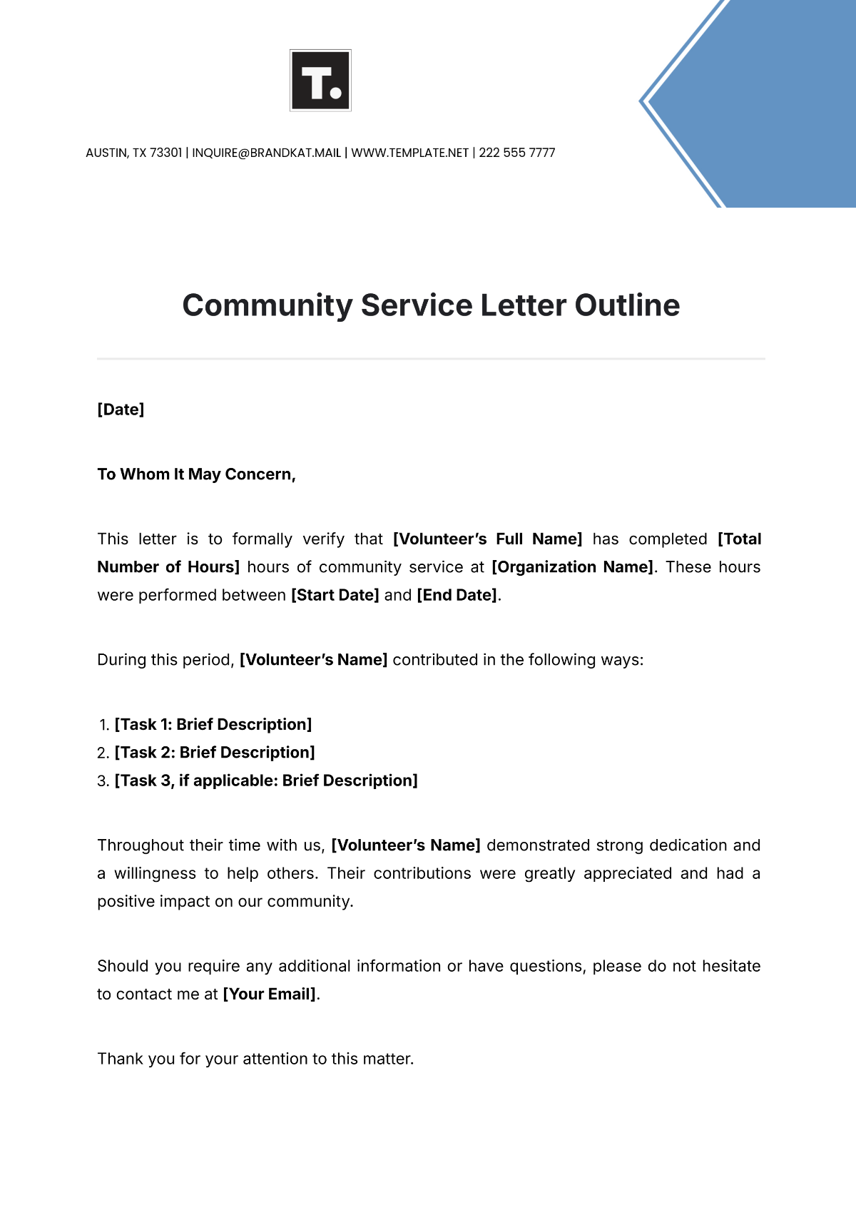 Community Service Letter Outline Template - Edit Online & Download