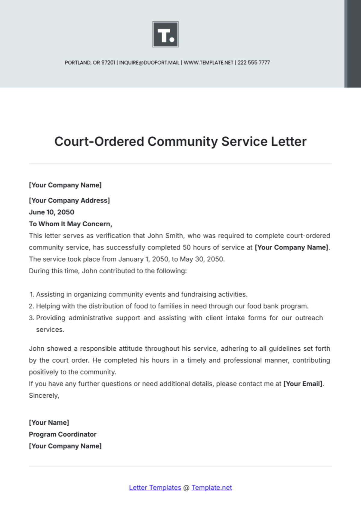 Court-Ordered Community Service Letter Template - Edit Online & Download