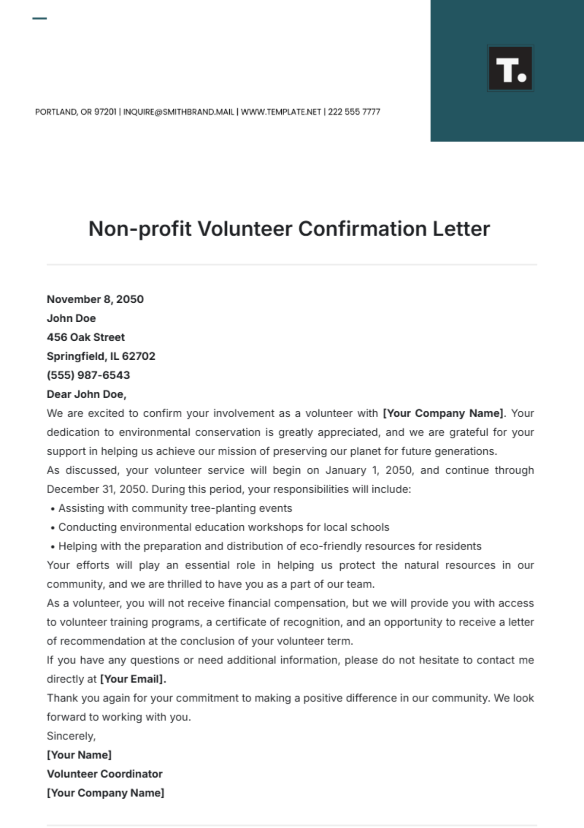 Non-profit Volunteer Confirmation Letter Template - Edit Online & Download